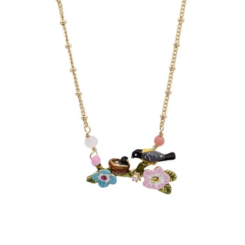 

Fashion Enamel Oriole Cherry Necklace Choker for Women Gold Plated Crystal Simulated Pearl Bird Nest Short Necklace Chain XL028