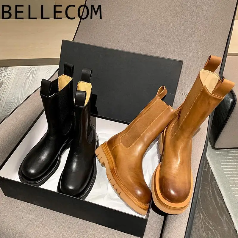 

BELLECOM Boots Girls Boots 2019 Autumn Coltsfoot Season Increase Down Thick Bottom Muffin Chelsea Knight Boots