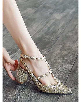 

[Worry Girl WUYOUNV] High-end brand women's shoes, high-heeled rivet pointed sandals, thick-heeled rivet shoes