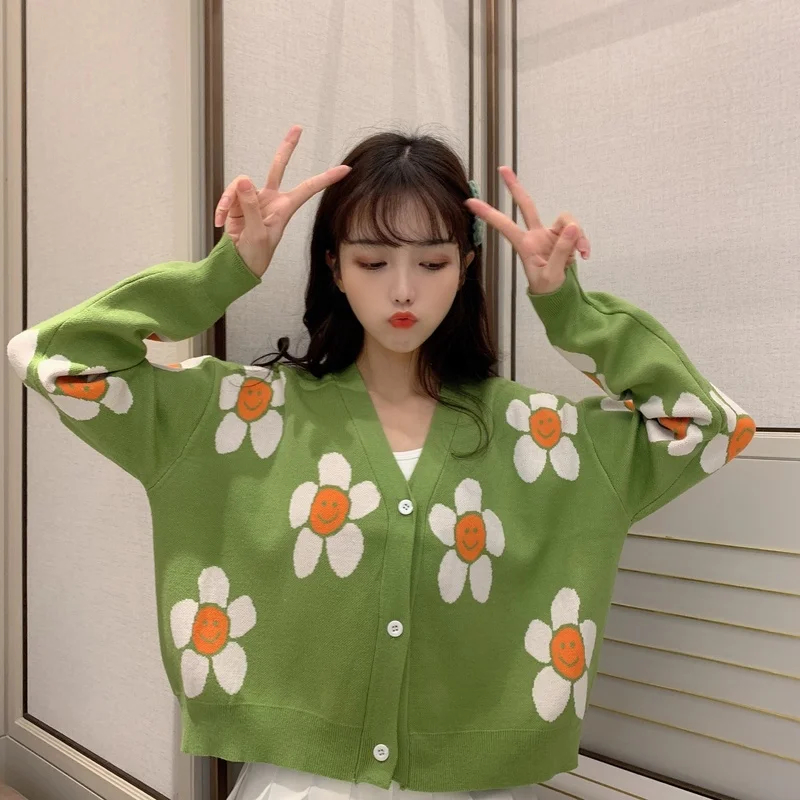 

Fashion Street V-neck Knitted Cotton Sweater Women 2019 Autumn and Winter New Casual Floral Cardigan Simple Harajuku Hip-hop Top