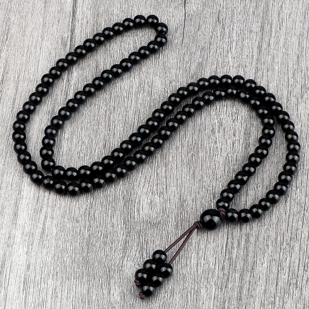 Shiny Black Natural Stone Beaded Necklace Obsidian Matte Onyx 108 Mala Beads Wrap Bracelet Meditation Yoga Jewelry for Women Men 1
