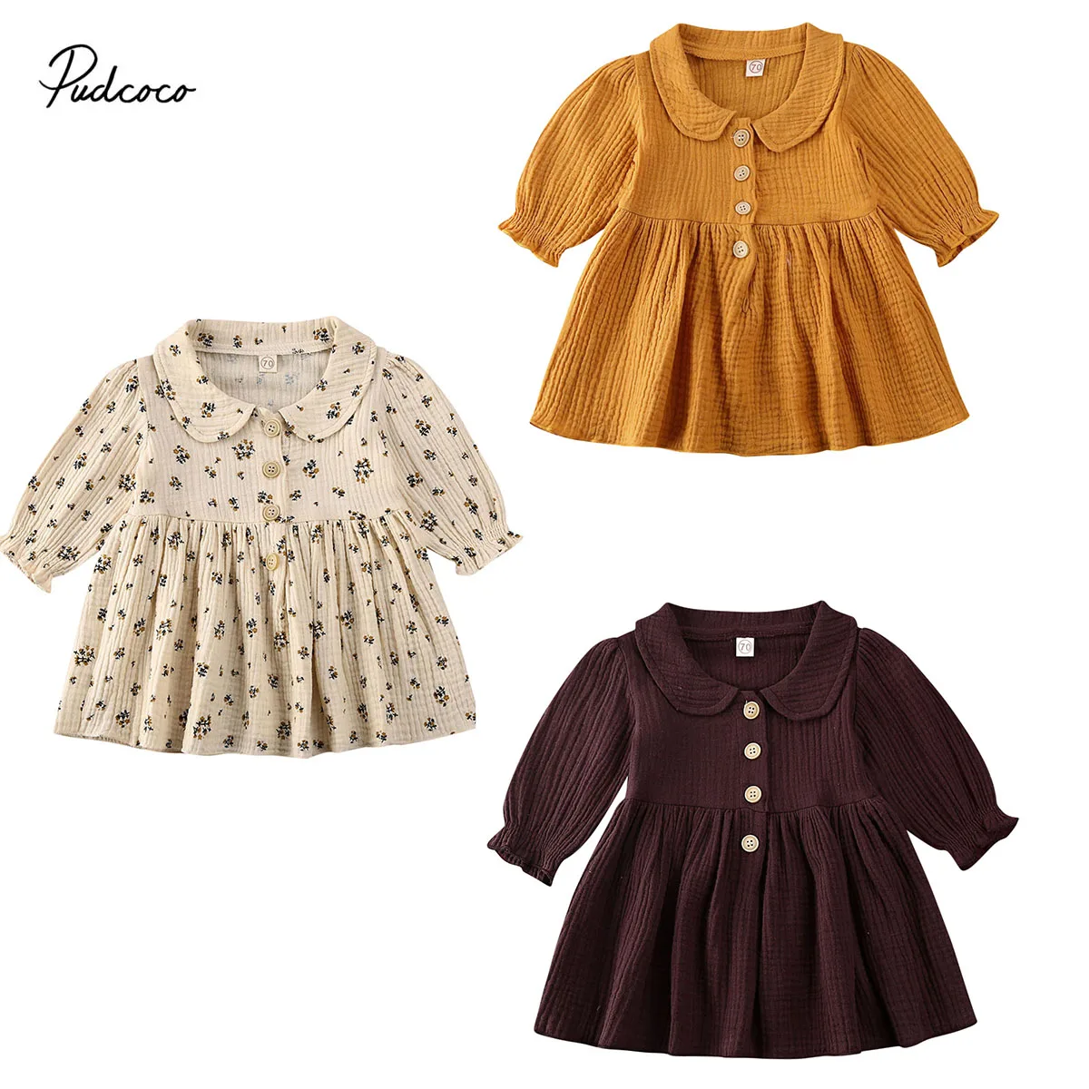 2020 Baby Spring Autumn Clothing Cute Newborn Toddler Kids Girls Party Floral Long Sleeve Dress Solid Clothes 0-4T | Детская одежда и
