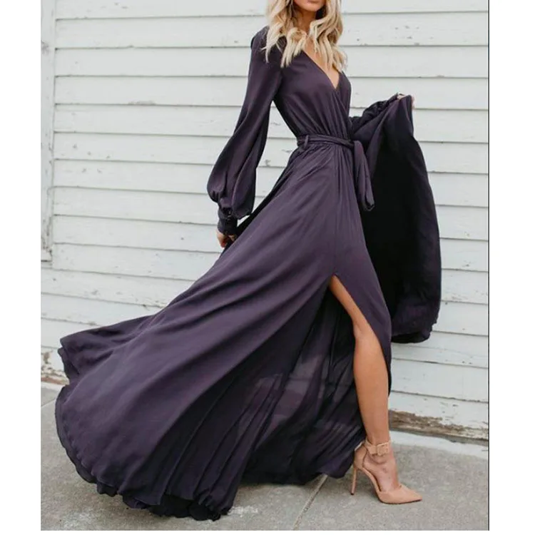 

Fashion 2019 Elegant V Neck Evening Party Gowns Long Sleeve Maxi Dress Sexy Casual Beach Dress Vestidos