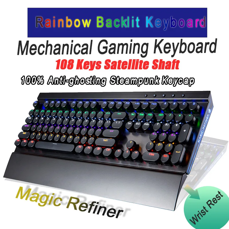 

Internet Bar 108 Keys Mechanical Rainbow Backlit Gaming Keyboard 100% Anti-ghosting Steampunk Keycap Gamer Keyboard 44x21.5cm