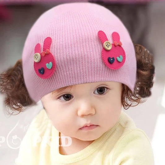 Button Rabbit Pink Парик принцессы, милые шапочки, сохраняющие тепло, хлопковые шапочки для детей с героями мультфильмов, милая шапка для новорожденных девочек 3-24 месяца, Модная вязаная зимняя одежда - Цвет: Button Rabbit Pink