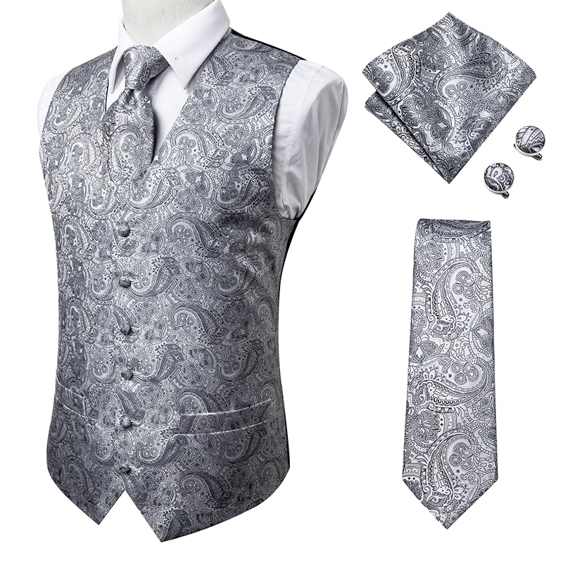 Silk Men's Vests and Tie Business Formal Dresses Slim Vest 4PC Necktie Hanky cufflinks for Suit Blue Paisley Floral Waistcoat blazer suit Suits & Blazer