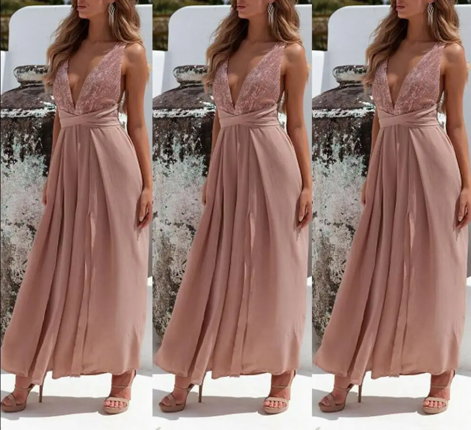 Summer ladies casual solid color loose jumpsuit Fashion sleeveless V-neck open back strap waist Bodycon Party jumpsuit trousers - Цвет: B