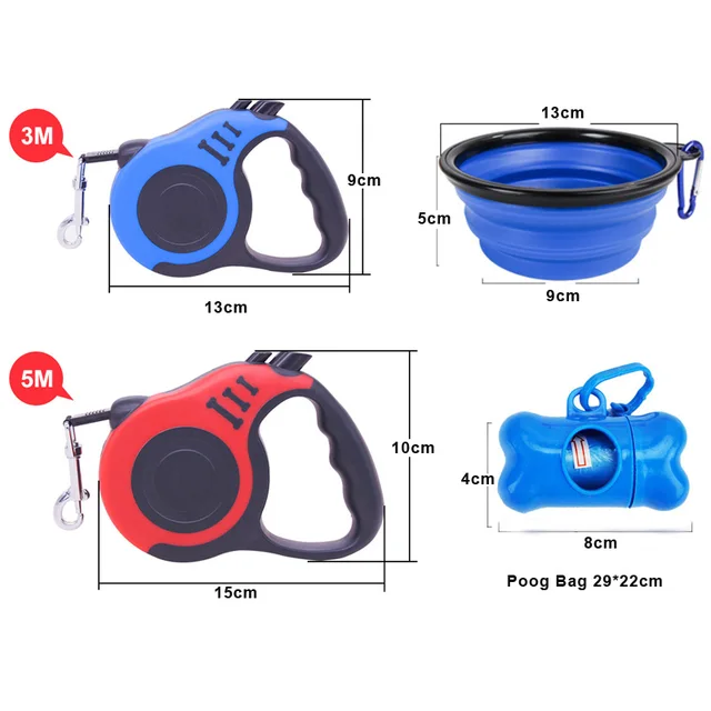 Retractable Dog Leash Dog Waste Bag Dispenser and Bags + Dog Bowl Heavy Duty Walking Leash For Dogs Pet Puppy Leash 3m/5m 4