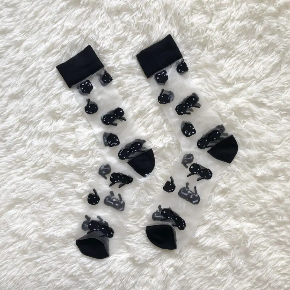 Black Retro Caring Cherry Glass Filament Socks Women Summer Japanese Harajuku Style Ultra-thin Transparent Crystal Silk Socks