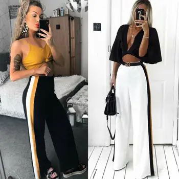 

Fashion Summer Women Office Striped Pants Sexy Casual High Waist Striped Wide Leg Long Pants Trousers Z