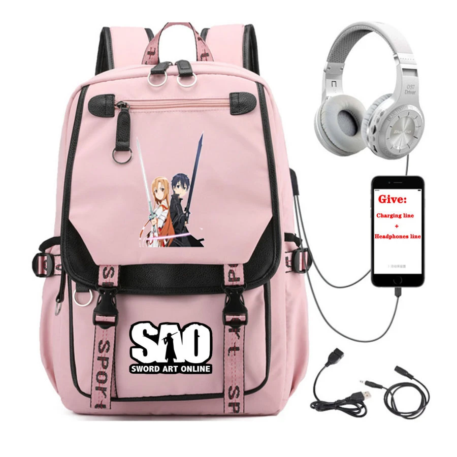 de anime Sword Art para estudiantes, bolsa para libros, mochila de viaje con carga USB, para adolescentes, color para ordenador portátil|Mochilas| - AliExpress