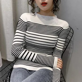 

Autumn Winter Striped Knitted Sweater Women Small Round Neck Stretchy Fitness Knitwear Tops Long Sleeve Pullover Jumpers Ladies