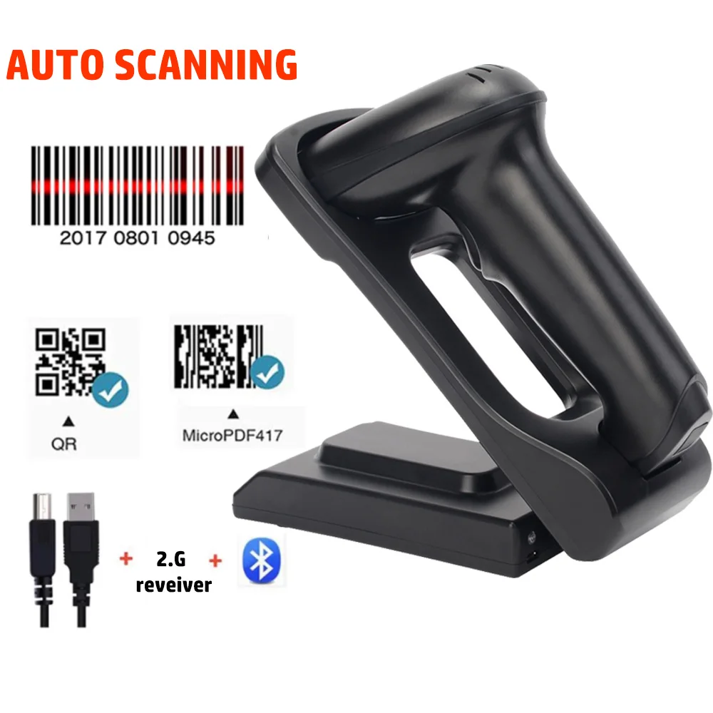 Leitor sem Fio do Código de Barras do Varredor 2.4g Bluetooth com Carregador 1d 2d qr Pdf417 da Base do Suporte para o Terminal da Posição do Inventário - Imagem 4