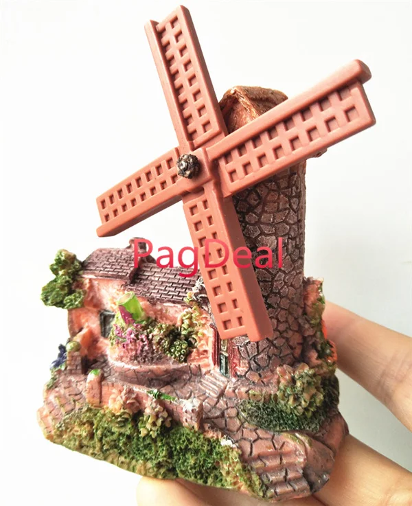 

New Creative Resin Windmill Castle Aquarium Decoration Air Driving Waterwheel Rock Stone Fish Tank Ornament 8*5*9.5cm free ship