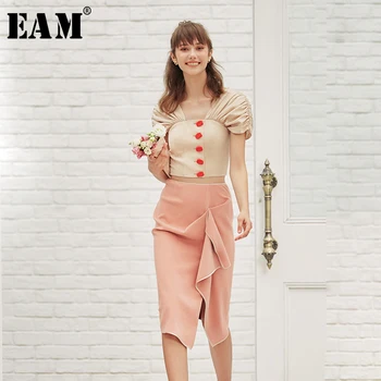 

[EAM] High Waist Spliced Irregular Ruffles Split Half-body Skirt Women Fashion Tide All-match New Spring Autumn 2020 1B132