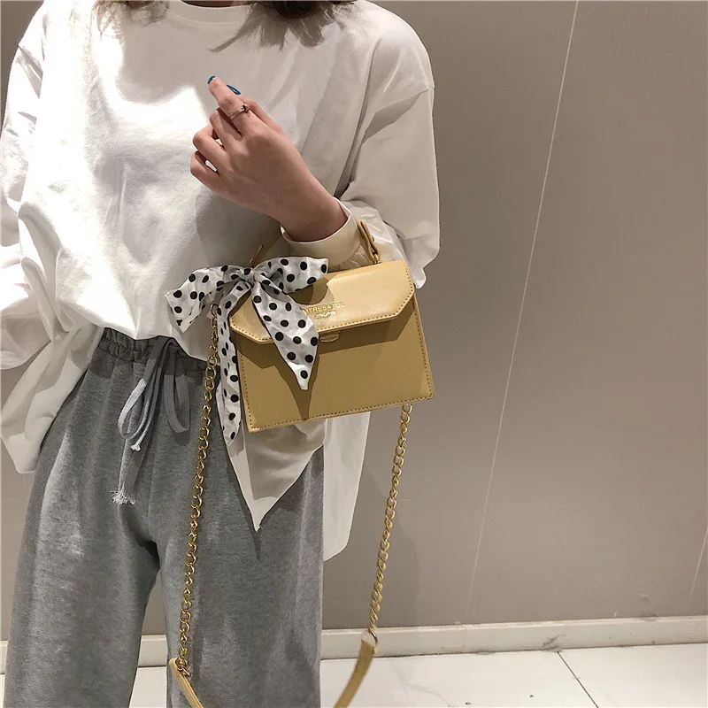 

2019 New sweet lady small square bag wave spot silk scarf butterfly knot single shoulder oblique satchel bag