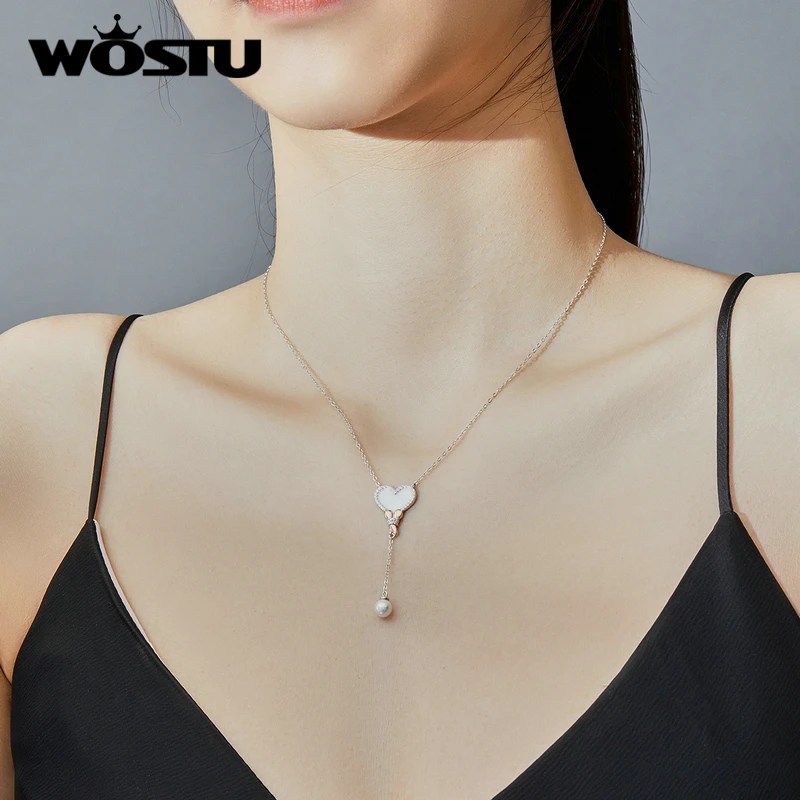 WOSTU, настоящее 925 пробы, серебряное ожерелье в форме сердца с жемчугом, свисающая цепочка для женщин, свадебные ювелирные изделия 925, BNN154