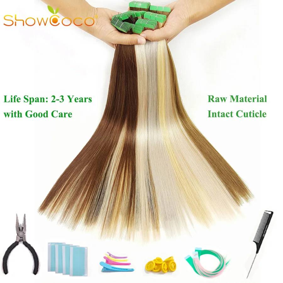 Liquidación ShowCoco-extensiones de cabello humano virgen Remy, una pieza, cutícula, cinta verde, 10A, calidad de salón kbl8mAqq0
