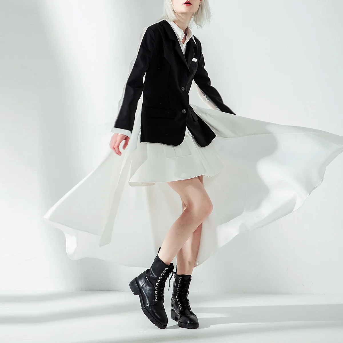 

2019A/W Europe And America Non-mainstream Design Non-symmetrical Mock Two-Piece Shirt Lace Joint Suit Jacket 1156