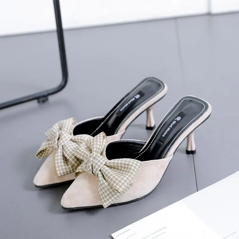 

High Heel Slippers 2019 Summer New Style Slipper Bow Shoes Women's Pointed Toe A- line Sandals Fashion Loafers