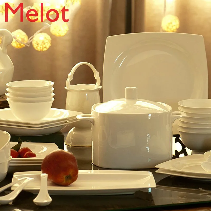 

Bowl Dish Set Pure White Household Plate Simple and Light Luxury Porcelain Bowl Jingdezhen Ceramics Bone China Tableware