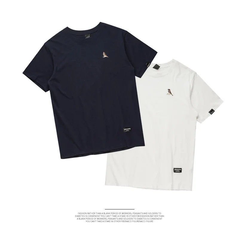 

Europe And America Men'S Wear 2019 Summer Short Sleeve T-shirt Men's Simple Embroidered Embroidery Bird Pattern Casual Hemp Cott