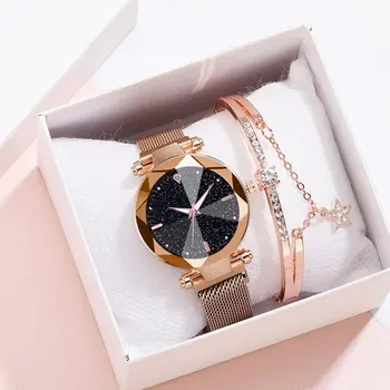 

Luxury Starry Sky Stainless Steel Mesh Bracelet Watches set For Women Crystal Analog Quartz Wristwatches Ladies Dress Clock gift