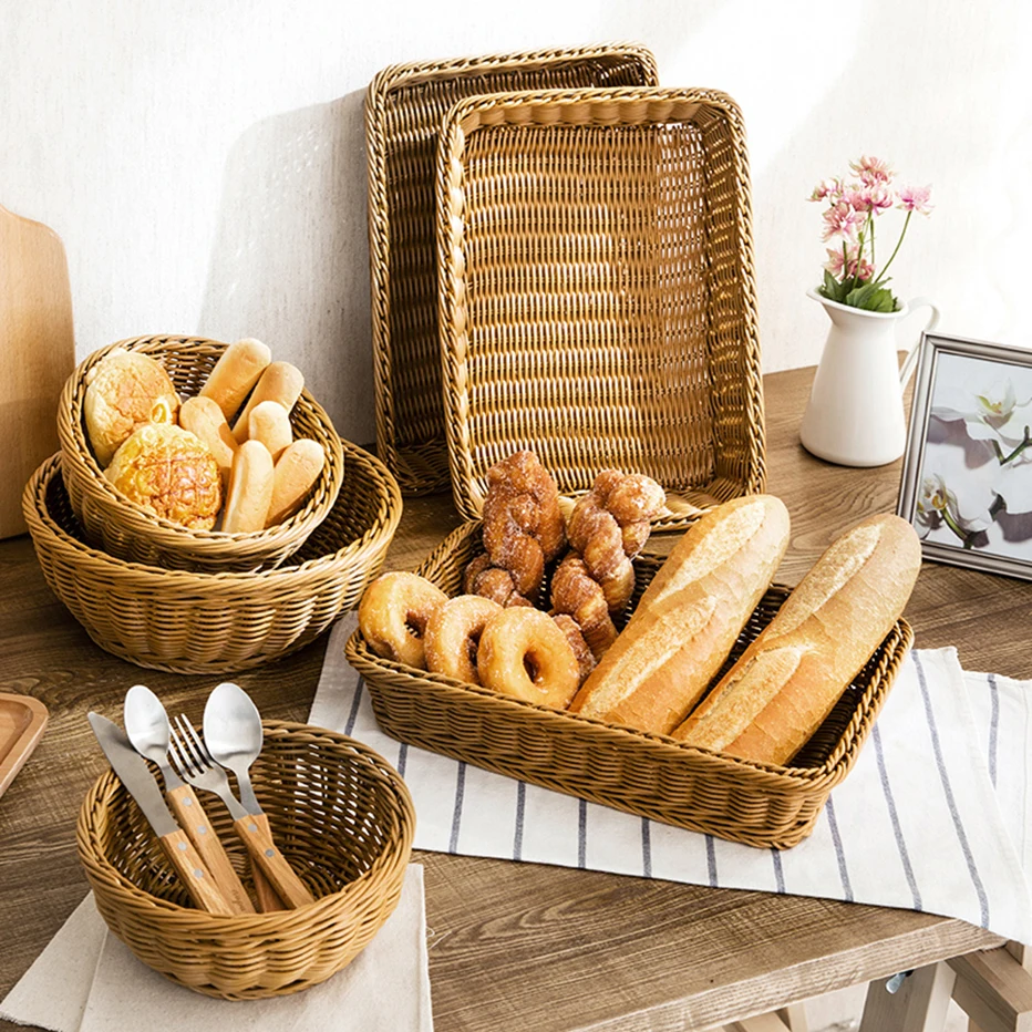 

KHGDNOR Rattan Fruit Bowl Multi-purpose Storage Basket Round Rectangle Shape Organizer for Fruit Vegetable Kitchen Container