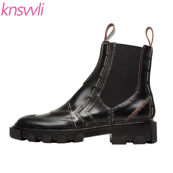 

New Chelsea Boots Woman Sewing thread Round Toe Thick Sole Short Motorcycle Boots Winter Leather Shoes Woman Zapatos De Mujer