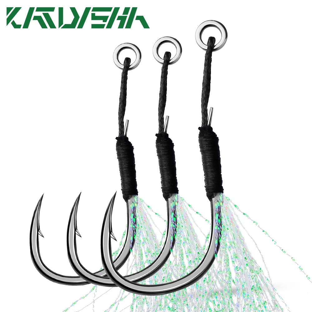 KATYUSHA 10Set Slow Jig Assist Hooks 1/0 2/0 3/0 4/0 Metal Jigging Double  Hook Carbon Steel Double Fishhook with PE Line Feather - AliExpress