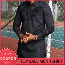 

Black Shirt Men African Style Slim Fit Long Robe Male Clothing 2021 Spring Summer Ethnic Dashiki Men's Long Shirt Plus Size 3XL