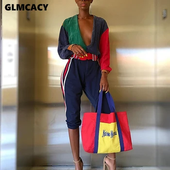 

Women Color Block Deep V Neck Jumpsuit Autumn Long Hip Hop Streetwear Long Sleeve Chic Rompers Runway Outfits Party Clubwear