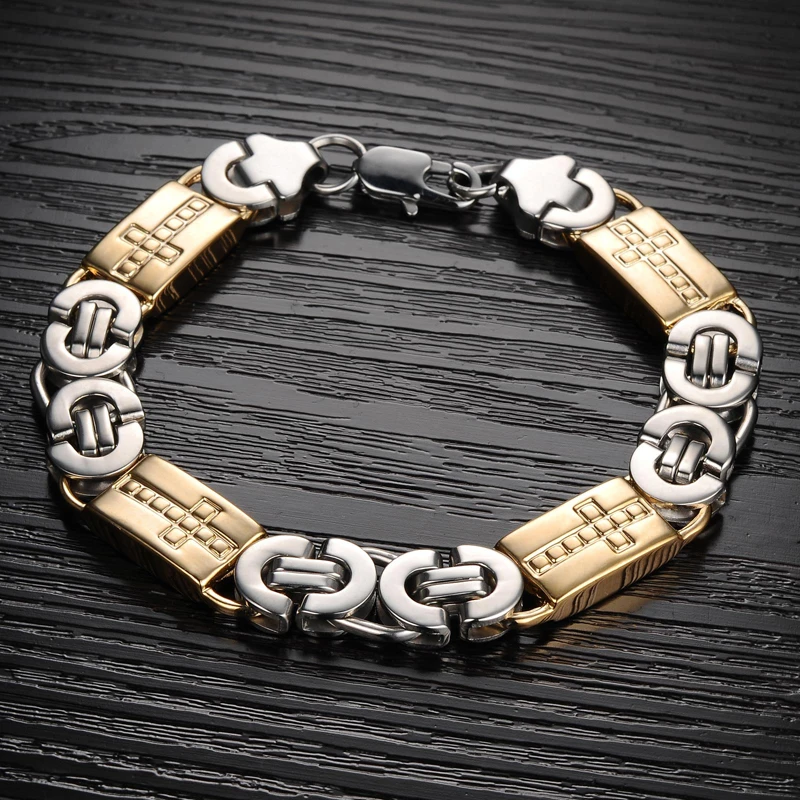 Модный Византийская цепь браслет для мужчин золото серебро Нержавеющая сталь мужские s Крест Браслеты оптом 11 мм 7-10 дюймов