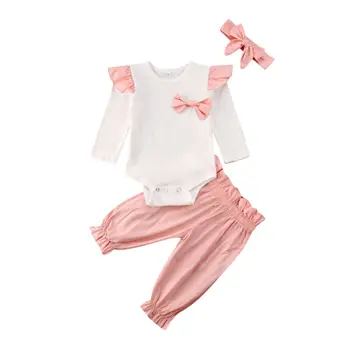 

0-24M Toddler Baby Girl Clothes Sets Solid Fly-Sleeve Bodysuit Tops + Pants Autumn Cotton Clothes Sets