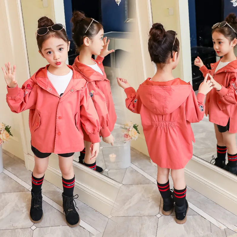 

2019 New Style Casual CHILDREN'S Jacket Girls Spring Clothing Big Boy Children Embroidery Waist Hugging Trench Coat Childrenswea