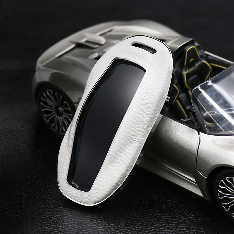 Верхний слой кожа+ ABS пульт дистанционного ключа автомобиля чехол для Tesla модель S модель s брелок аксессуары - Название цвета: Белый