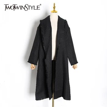 

TWOTWINSTYLE Casual Loose Tassel Women's Coats Lapel Collar Long Sleeve High Waist Jacket For Female Fashion 2020 Clothing Tide