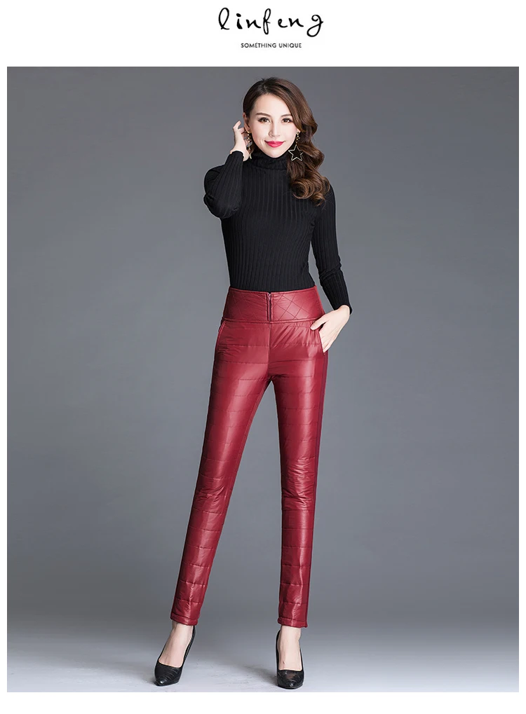 Женские зимние теплые плотные пуховые штаны новые женские обычный карандаш брюки высокая приталенная Верхняя одежда длинные брюки плюс размер S-6XL брюки - Цвет: red