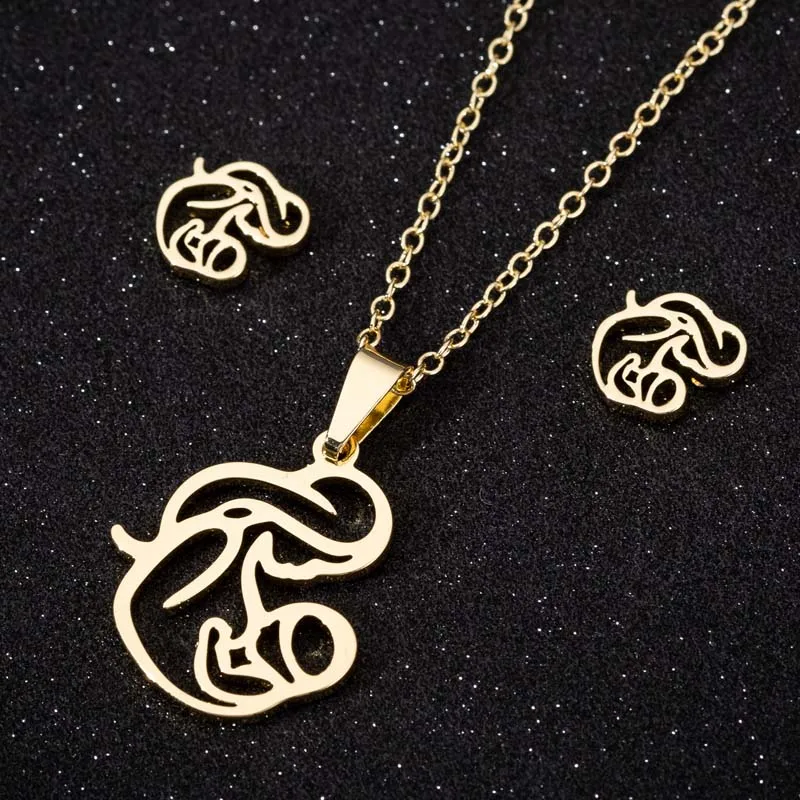 

Oly2u Maternal Love Gold Jewelry Sets for Mom Chic Mom Hug&Feed Baby Figure Piercing Earrings Necklace Mother Day Gift