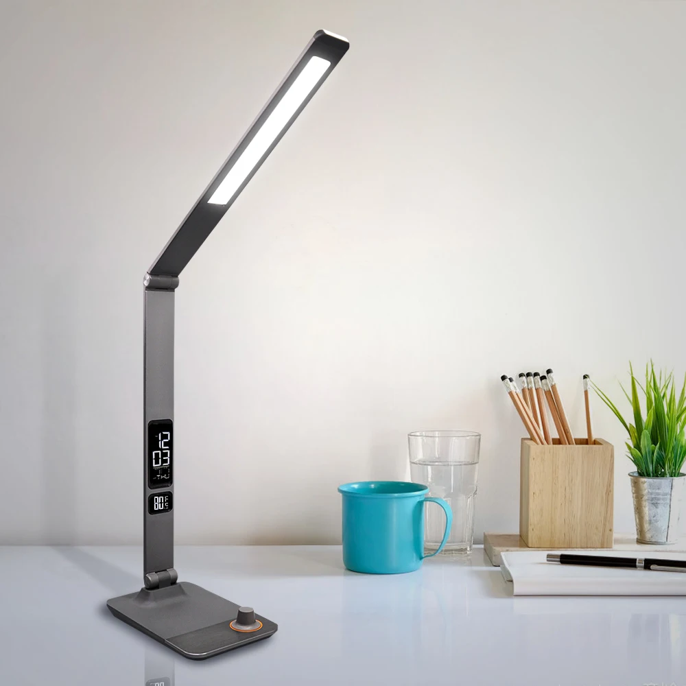 

Modern Business Led Office Desk Lamp Dimmable Foldable With Time Temperature Alarm Clock table Reading Light