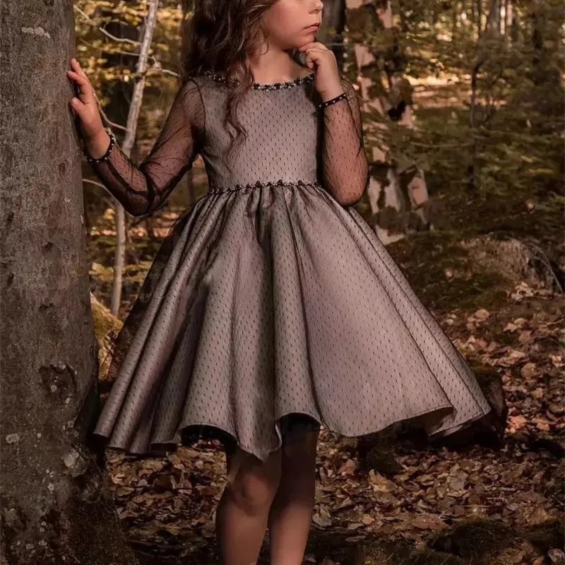 235 2020 Pageant Kids Gown Black Tulle Crew Flower Girl Dresses For Wedding Girl`s Knee Length Child Party Birthday Dress