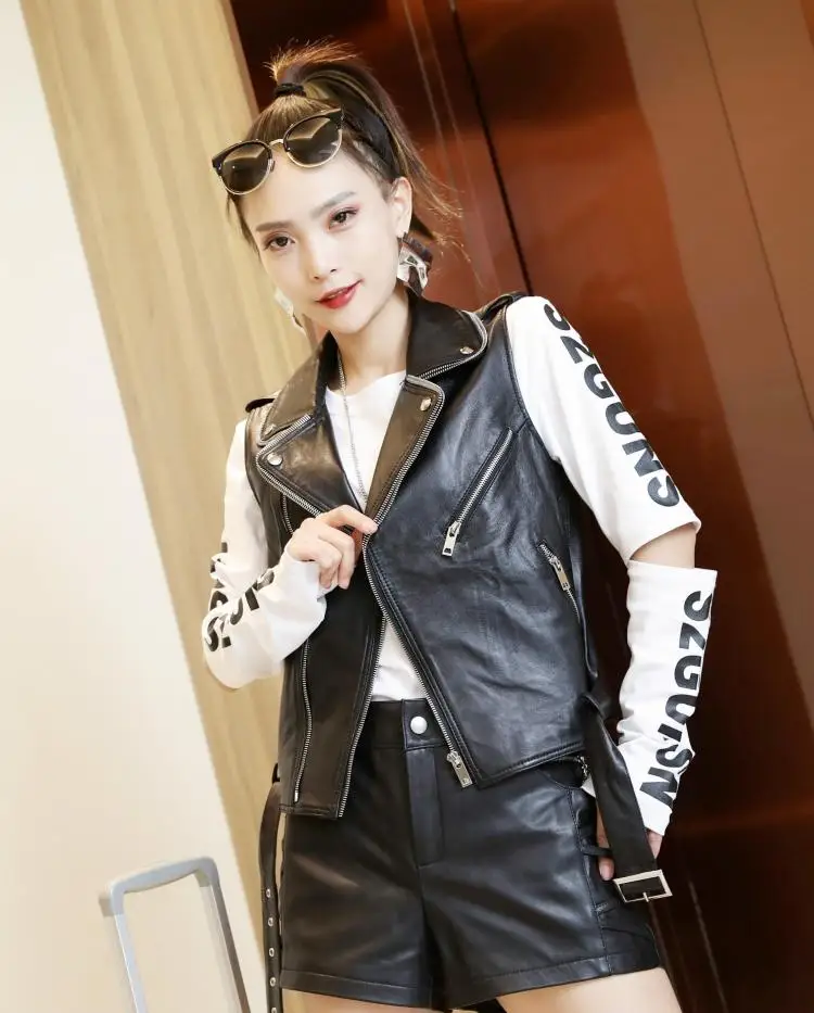 Genuine Leather Vest Highstreet Moto Notched Neck Zip Buckle Belted Sleeveless Sheepskin Vests Women Casual Slim Outwear Female