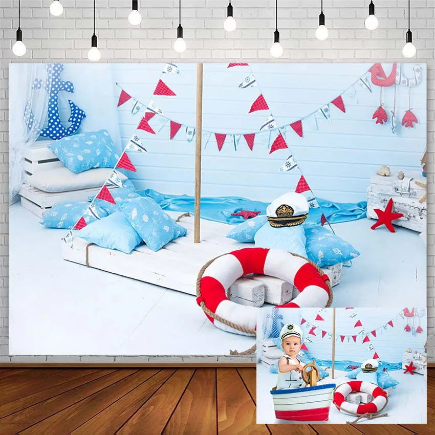 Baby Shower Fondali Navigazione Navale Soggetto Fotografia Sfondo Lifebuoy Boy White Plank Photo Studio Photofono Photocall
