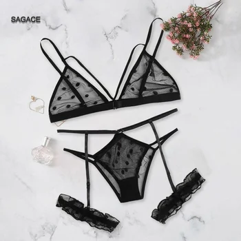 

Sexy Wave Point Lingerie Set Transparent Cutout Women Plus Size S-4XL Lace Lingerie Bra+Thong Underwear Set Black Sleepwear F514