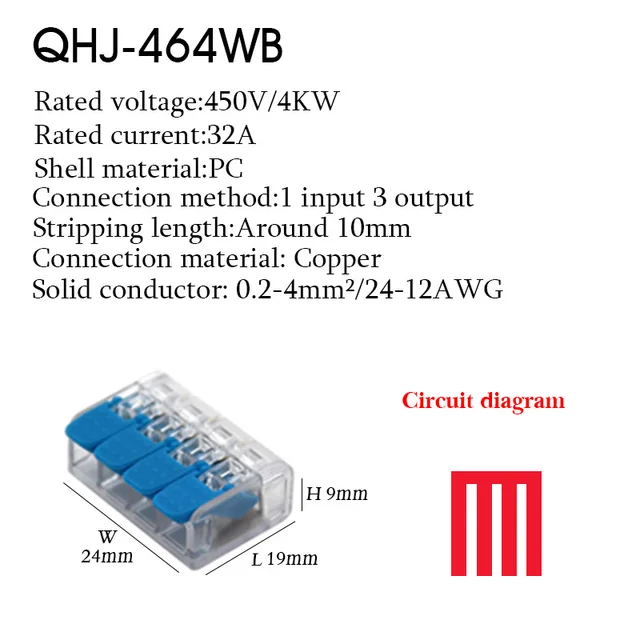 Cable Wire Connectors Mini Quick Terminal Block Universal Compact Wiring Electrical Connector Push-in For 4mm2 6mm2 Transparent 464WB