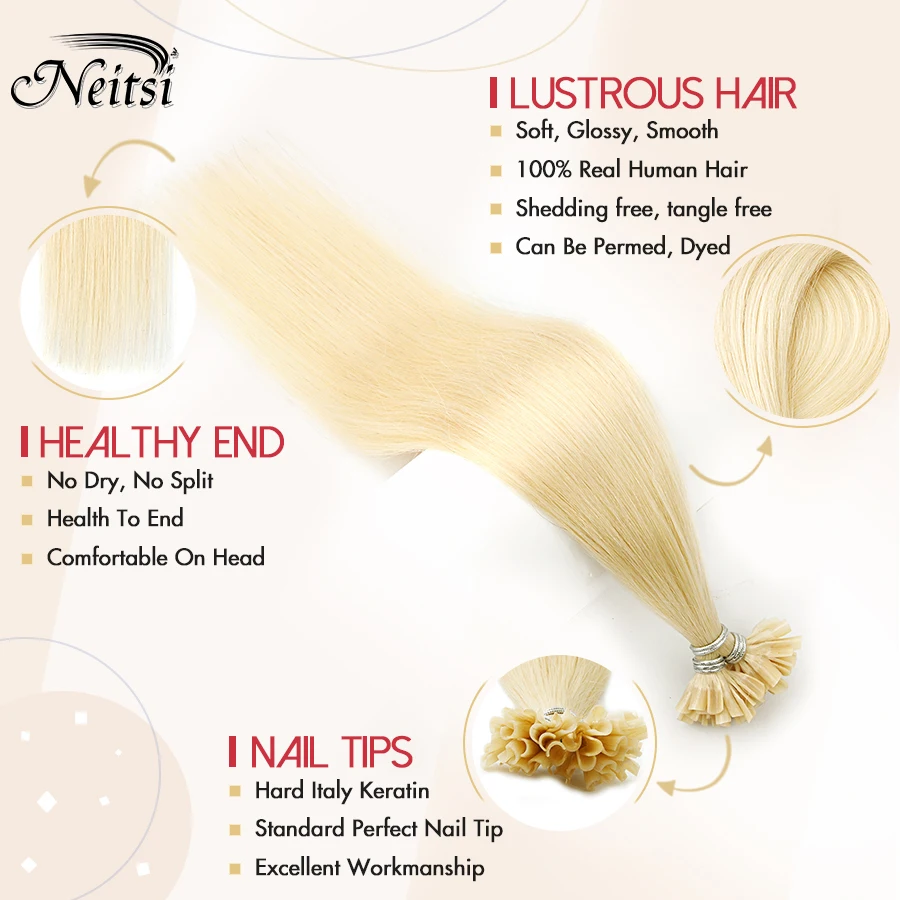 Neitsi Straight Keratin Capsules Human Fusion Hair Nail U Tip Machine Remy Pre-Bond Natural Hair Extensions 16