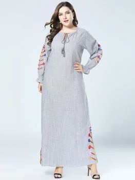 

Woman Muslim Abaya dress linen Dress Women plus size M-4XL Fashion Abaya Muslim Kaftan islamic Embroidery Dubai abayas dresses
