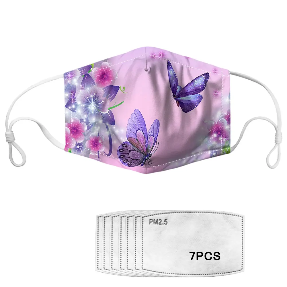 

Anti-Fog Mask Butterfly Print Unisex Elastic Washable Mouth Maski With 7PCS Activated Carbon PM2.5 Filters Cubre Bocas