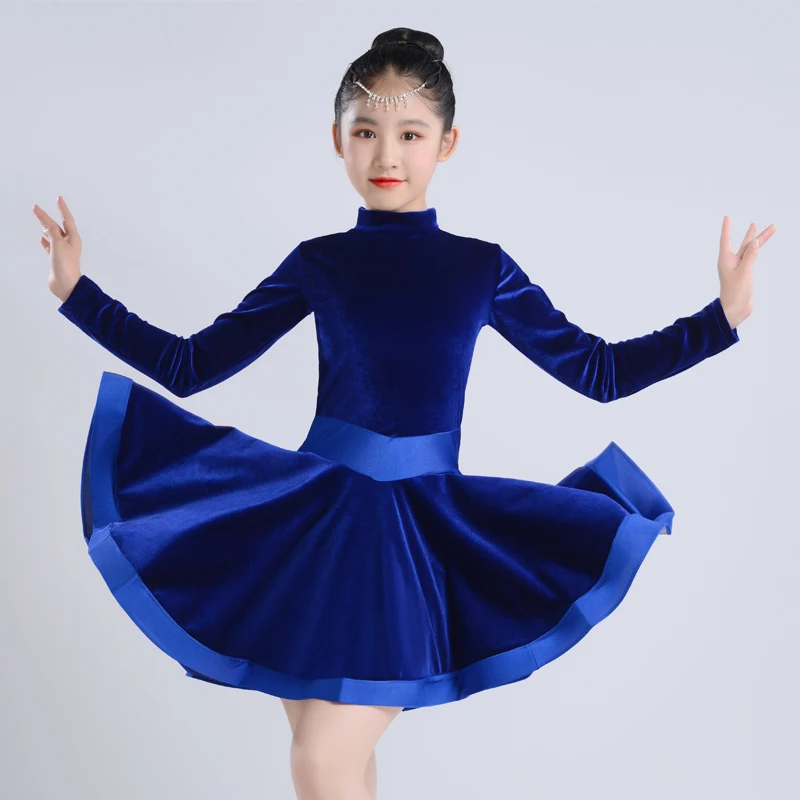 Blue Dress Детские платья для девочек; платье для латинских танцев; коллекция года; зимнее бархатное платье с длинными рукавами; одежда для сцены; платье для латиноамериканских танцев; L2649 - Цвет: Blue Dress