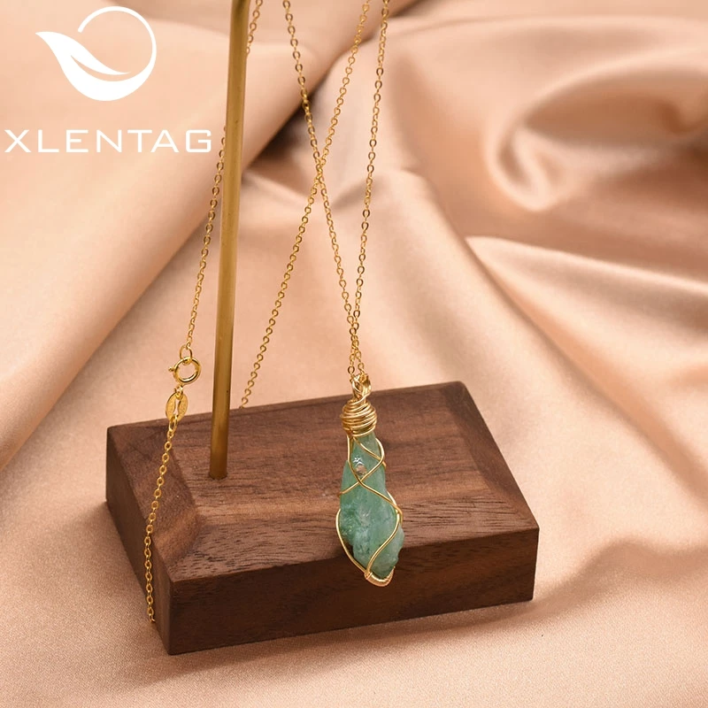 

XlentAg Green Natural Rough Crystal For Women Girl Fine Pendant Necklace Wedding Engagement Jewelry Collares De Moda 2019 GN0140